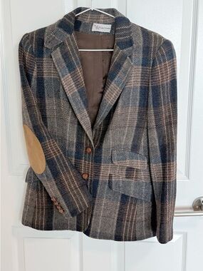 Vintage Evan Picone 100% Wool Plaid Blazer Suede Elbow Patches Sz 10 Made in USA